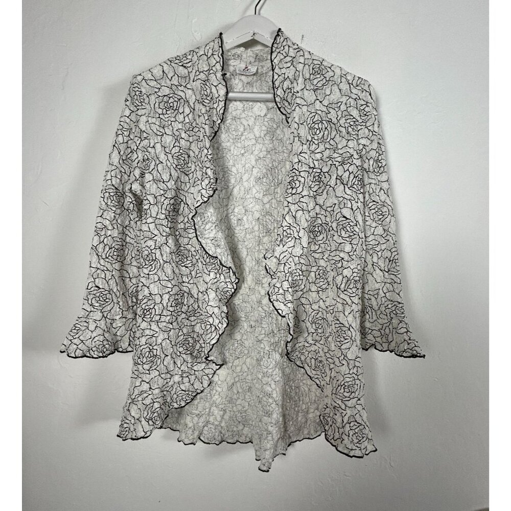 I.C. Collection by Connie Womens Floral Print Open Front Lace Jacket White/Black